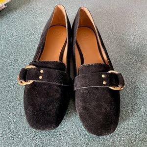 Tory Burch Black Marsden Suede Gold Tone Belted Reva Smoking Slipper;Loafer Flat